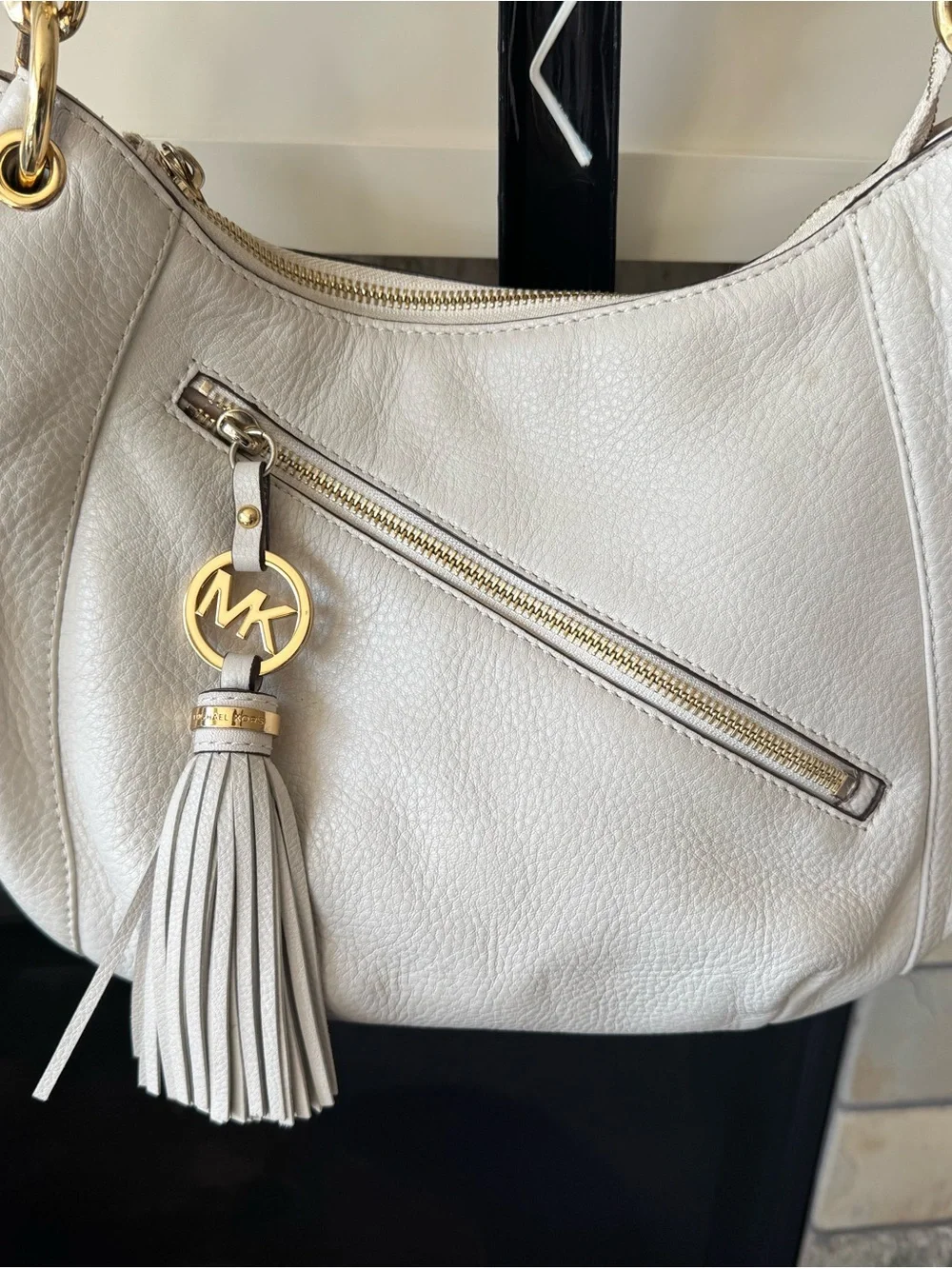 Michael Kors Cream Pebbled Leather Shoulder Hobo with Tassel and Gold Hardware